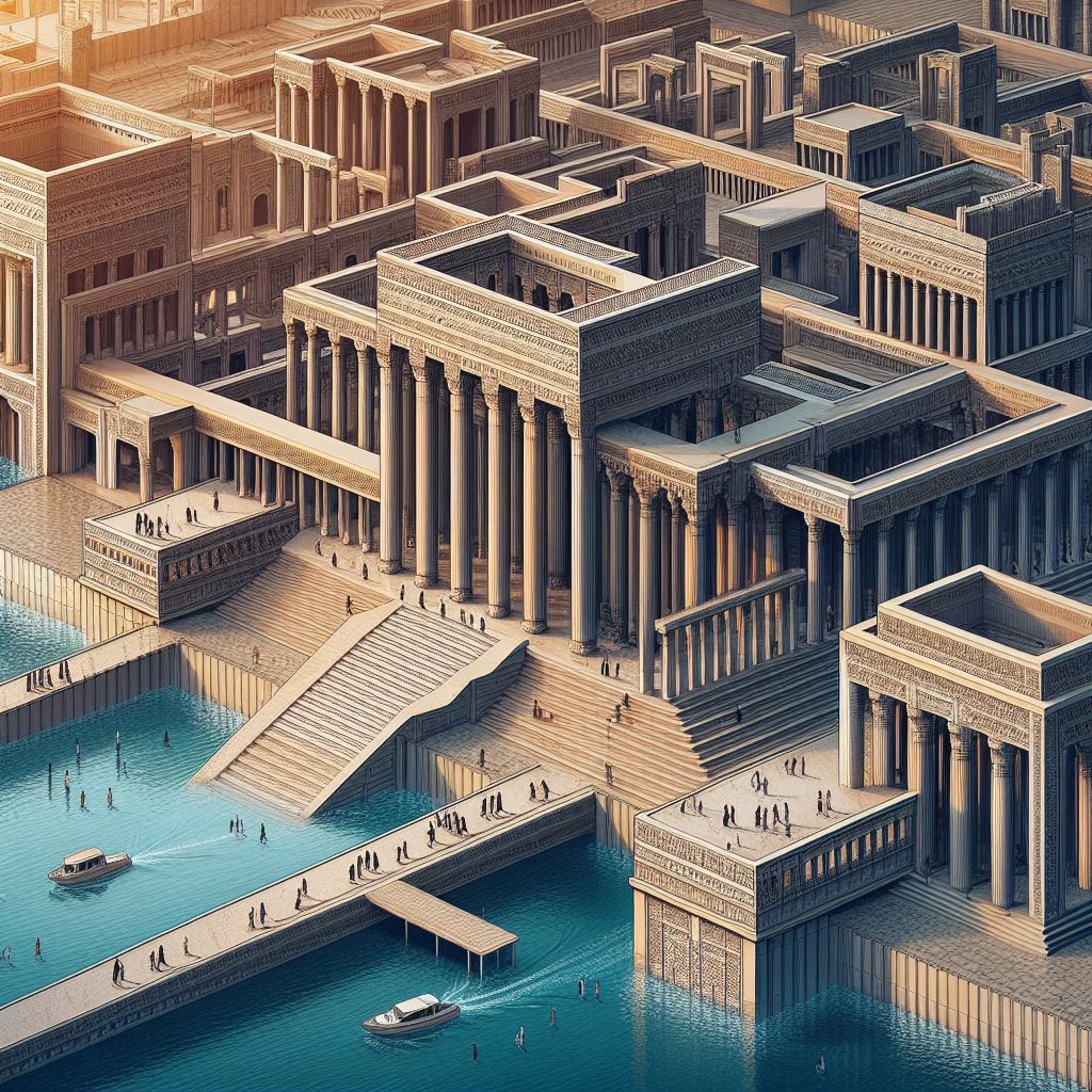 تصاویر هوش مصنوعی استادیوم فوتبال با طرح تخت جمشید 5 با توجه به سازه تخت جمشید و بناهای ایران باستان چند استادیوم فوتبال طراحی کن
